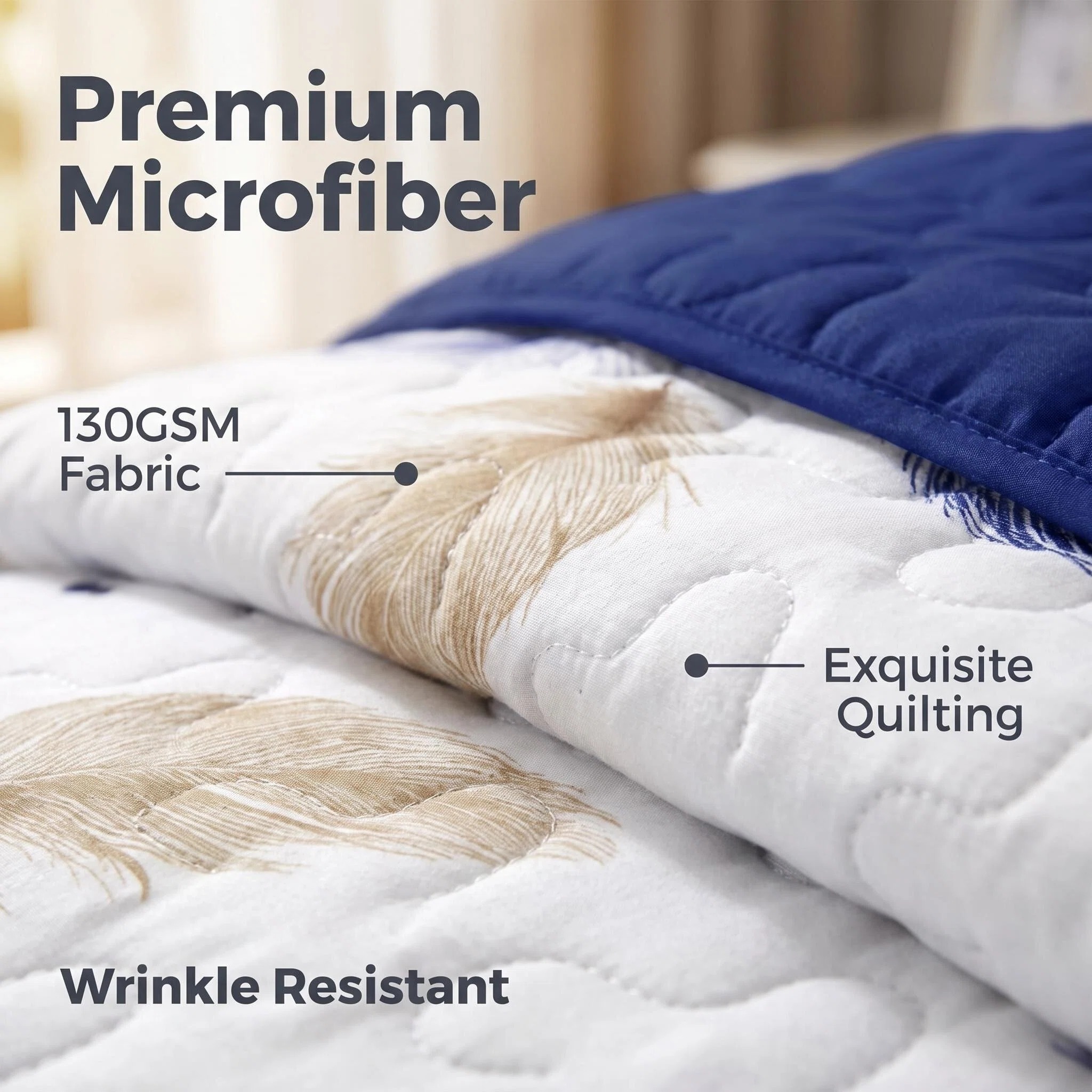 3-Piece White Gold And Blue Feather Quilted Bedspread Set For King And California King