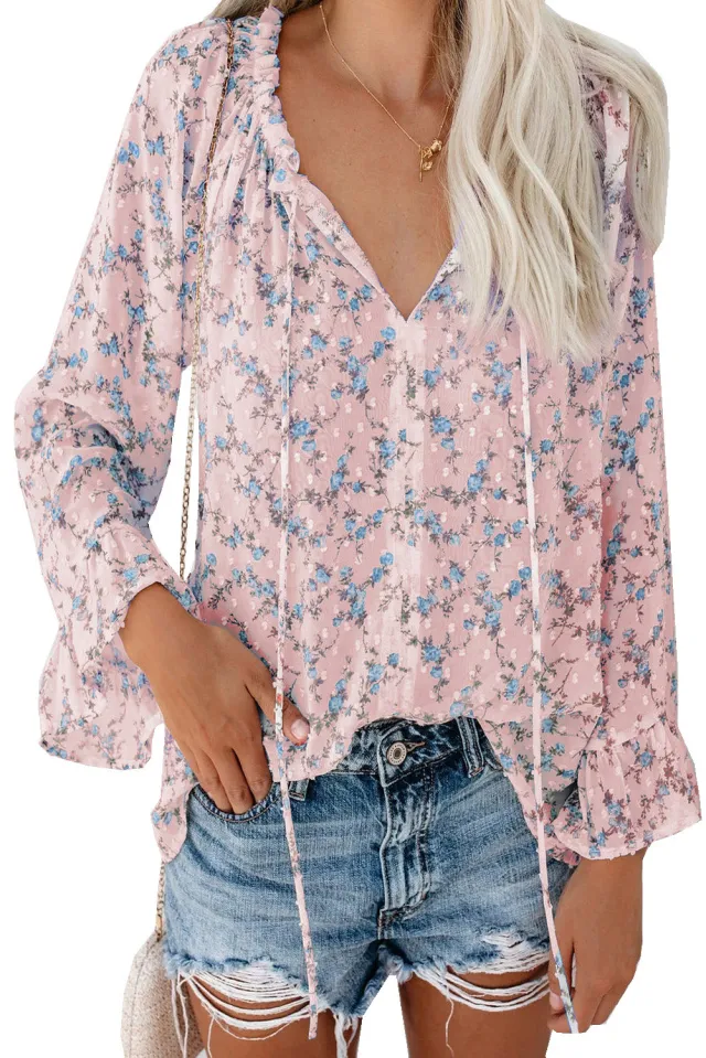 European And American High end Women's V neck Printed Top Lantern Sleeves Floral Chiffon Shirt Pink - Shop at LoveMi
