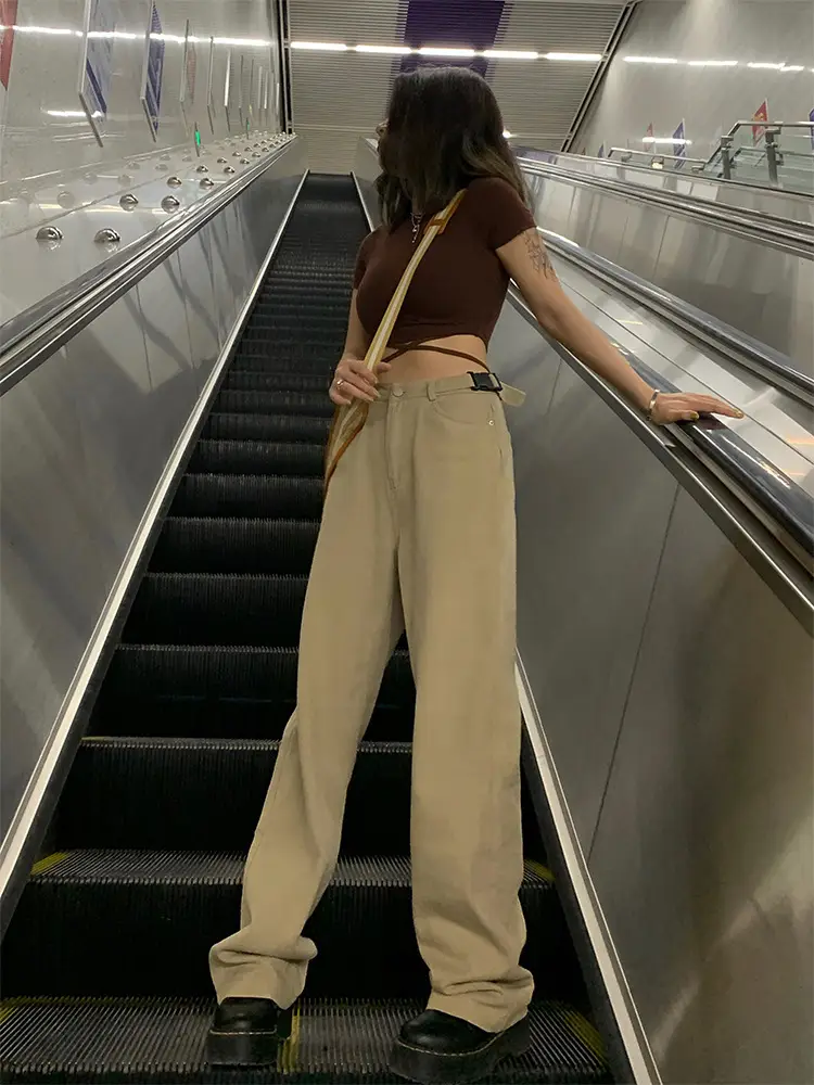 Loose High Waist Khaki Straight Wide-leg Slacks