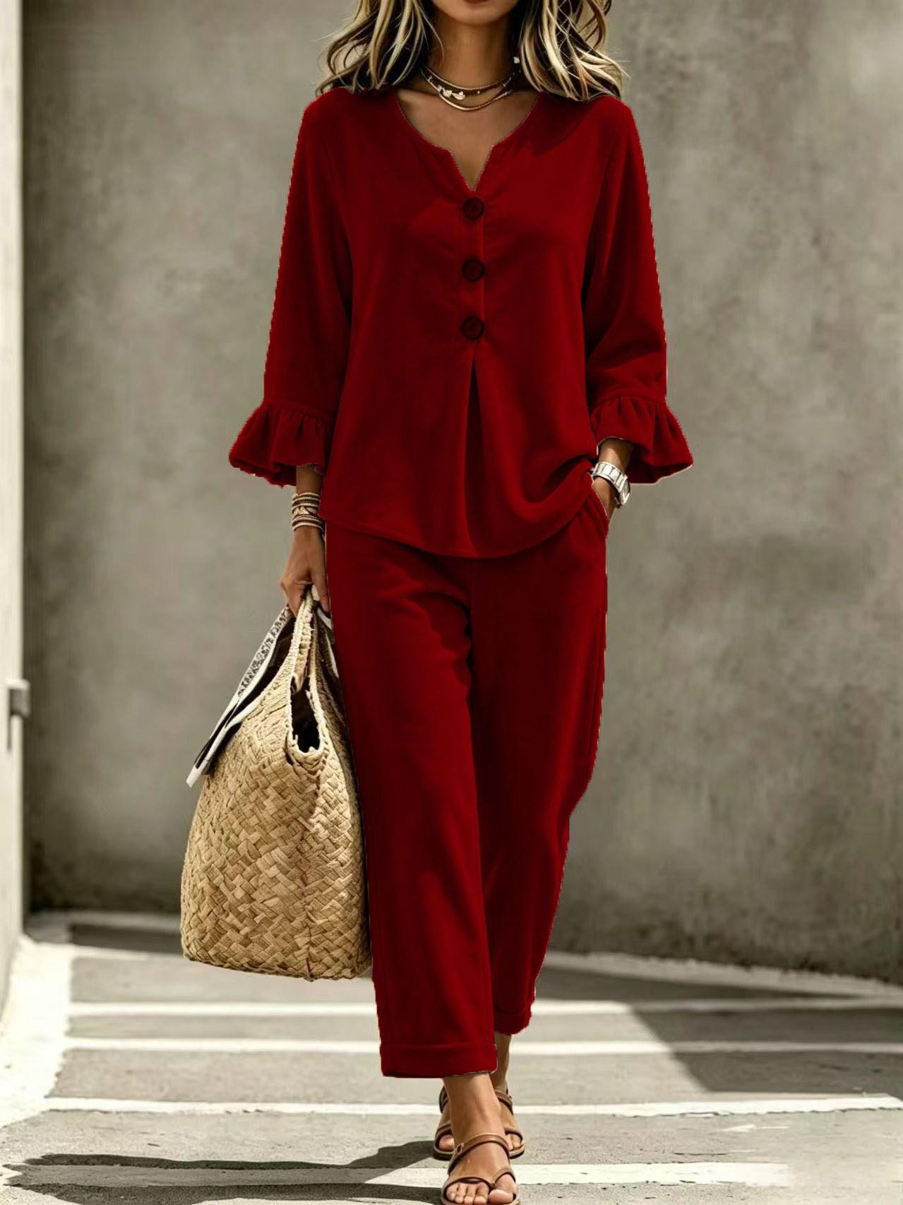 2026 Amazon Cross-Border European And American Style V-Neck Buttoned Ruffle Trim Three-Quarter Sleeve Loose Top Set For Vacation And Leisure