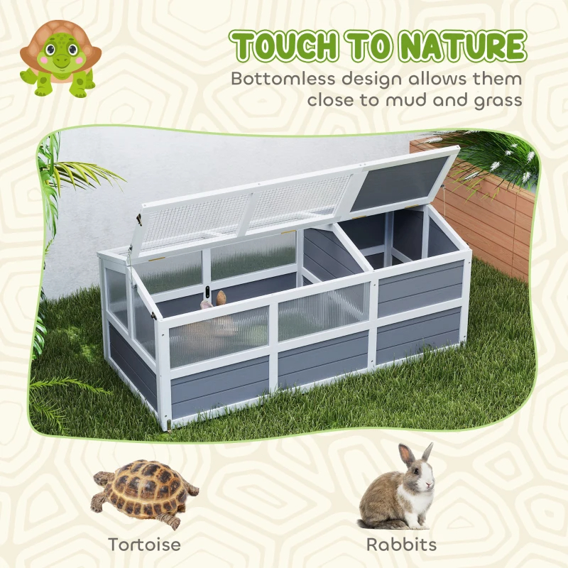 PawHut Wooden Tortoise Habitat Outdoor W Bottomless Design, Doors, PC Sun Panel Windows, For Small Animals, Rabbit, Light Gray