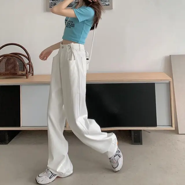 High Waist And Slim White Style Wide Leg Mopping Denim Trousers White - Shop at LoveMi