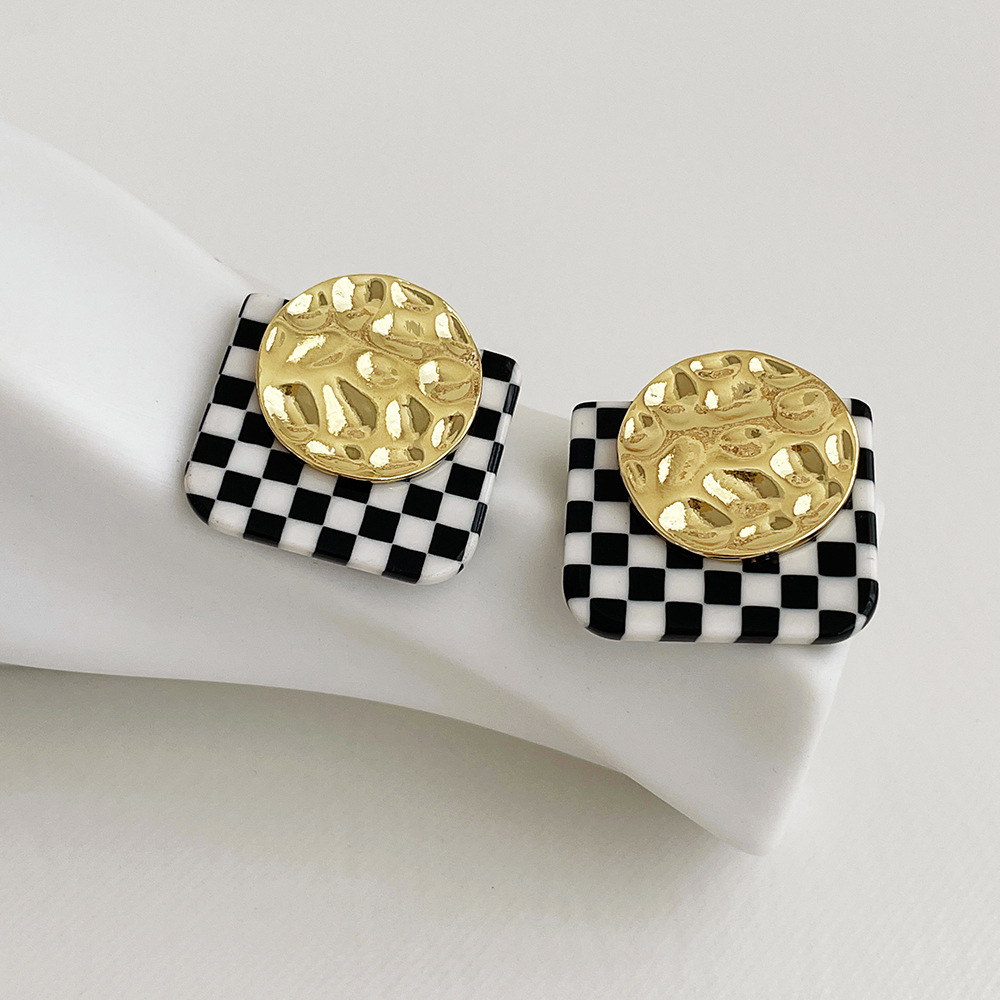 Pictorial Checkerboard Square Metal Earrings French Style
