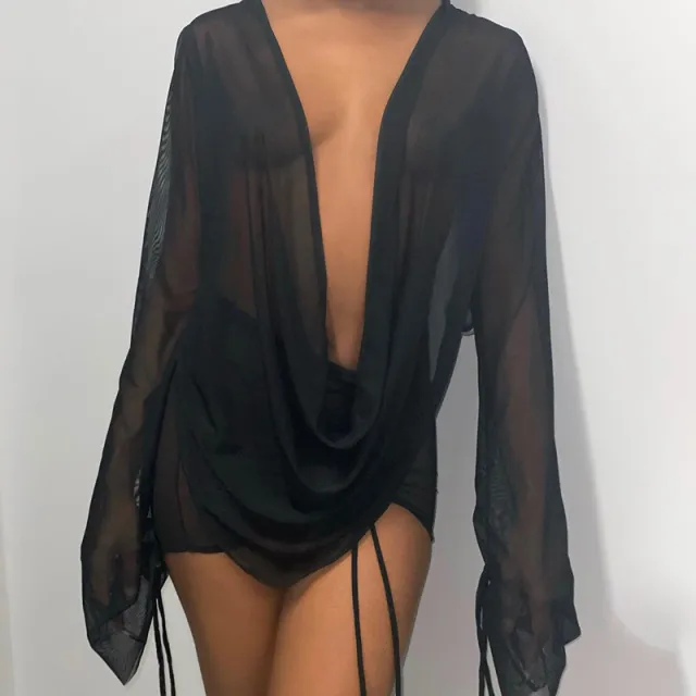 Solid Color Deep V Pile Neck Mesh Perspective Ruched Two Piece Set Black - Shop at LoveMi