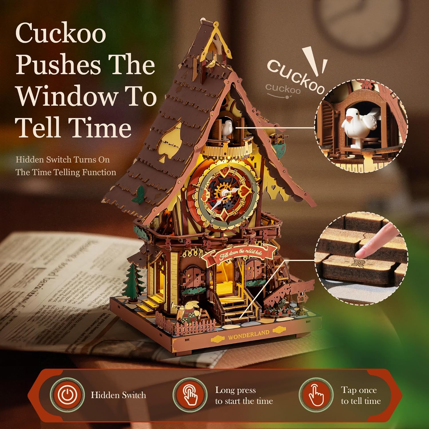 ROKR 3D Wooden Cuckoo Clock Puzzle, A Fun 3D Clock Puzzle Toy With LED Lights And Cuckoo Sounds, 435-piece Mechanical Wall Clock DIY Assembly Set, Suitable For Adults,LC901C