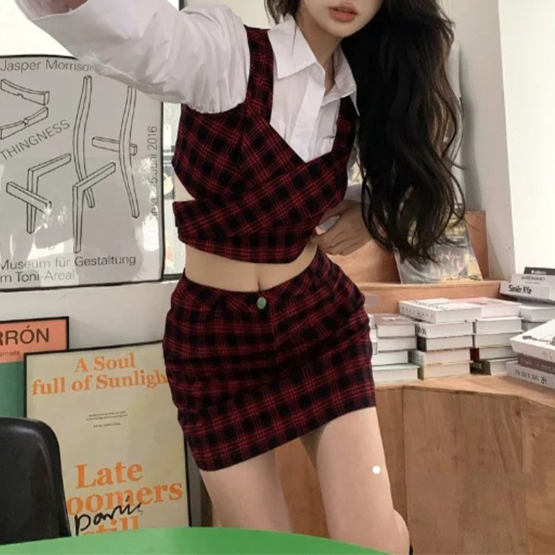 White Shirt Strap Vest Plaid Skirt Set Of Three