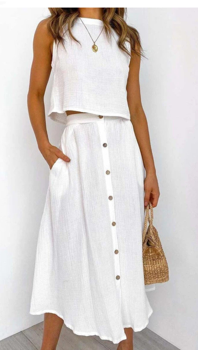 Fashionable And Comfortable Solid Color Vest Long Skirt Two-Piece Suit