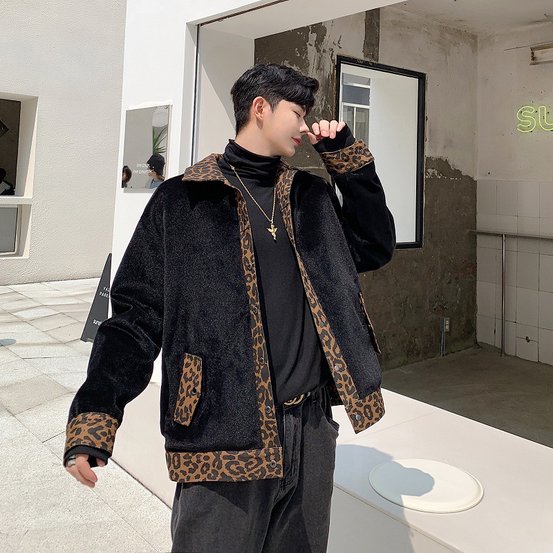Thickened Plus Fleece Leopard Print Jacket Men's Plush Inside