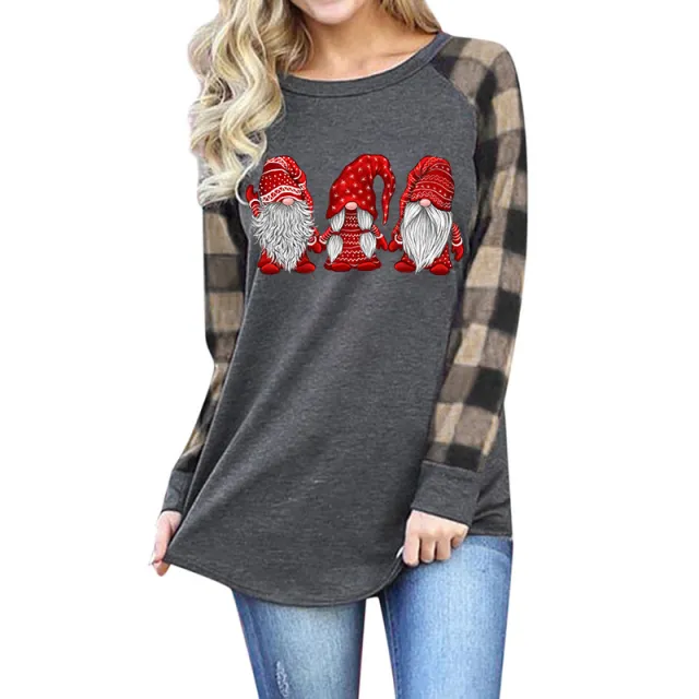 Santa Pattern Print Round Neck Raglan Long Sleeves Grey Khaki Sleeves - Shop at LoveMi