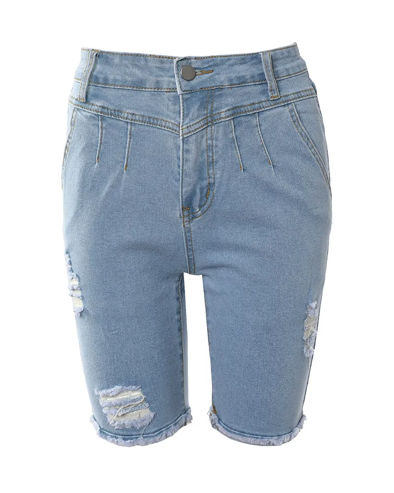 Fashion Ladies Casual Blue Ripped Jeans - Blue