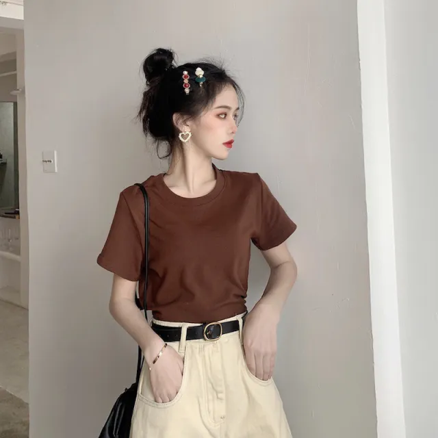 Candy Crew Neck Short Sleeve Top Women's Loose Inner Bottoming Shirt Western Style Short Sleeve T Shirt Brown - Shop at LoveMi
