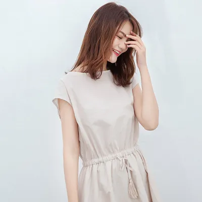Waist in Loose Plus Size Cotton And Linen Dress Apricot - Shop at LoveMi