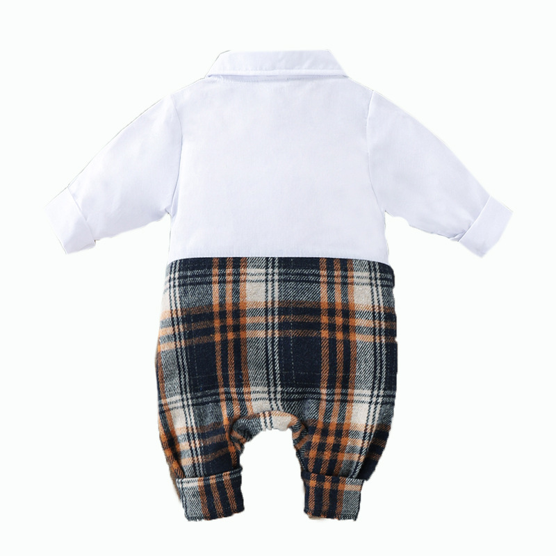 Baby Boy Gentleman Jumpsuit Spring And Autumn Fashion Plaid Fake Vest - Image 4