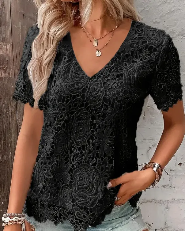 Women's Elegant White Lace V Neck Blouse With Floral Cut Out Detail Short Sleeve Black - Shop at LoveMi