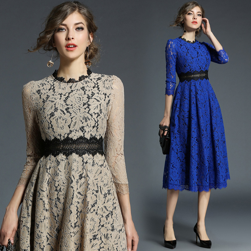 New European And American Hook Flower Hollow Stitching Lace Dress