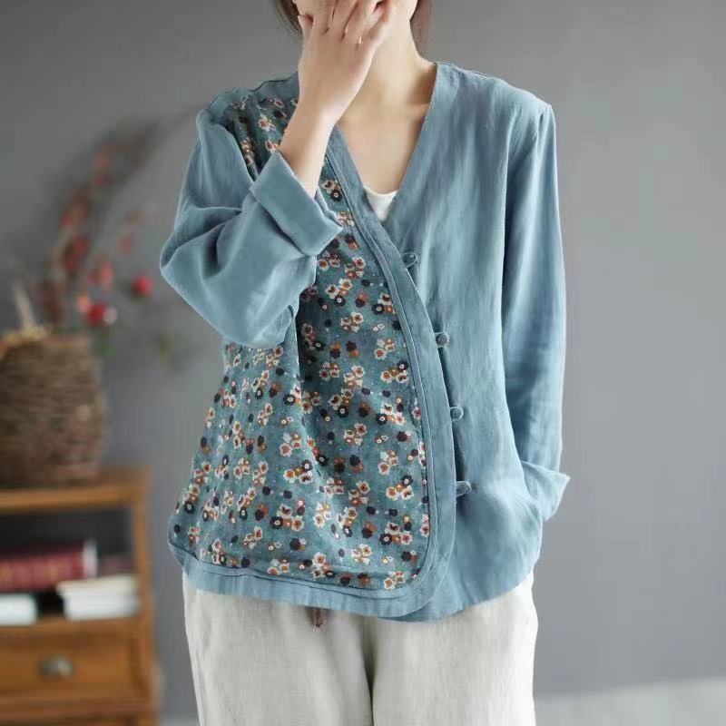 Loose Retro Ethnic Style V-neck Long-sleeved Jacket