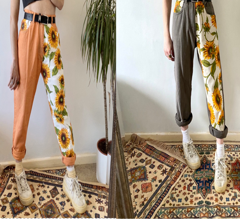 European And American New Style Casual Print Stitching Straight Leg Loose Trousers Women