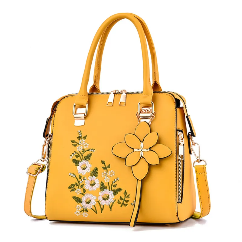 Fashion Flowers Embroidered Handbag Women Shoulder Messenger Bags - Yellow