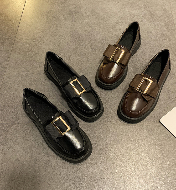 Metal Square Buckle Loafers Women's Platform One-step Single Shoes British Style Small Leather Shoes