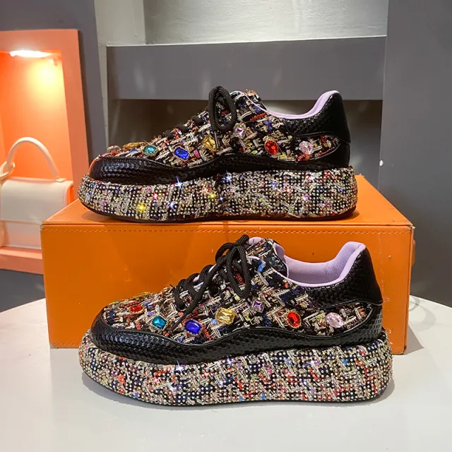 Women's Fashion Platform Loafers, Colorful Tweed Slip on Shoes With Gemstones, Casual And Comfortable Flat Shoes Black - Shop at LoveMi
