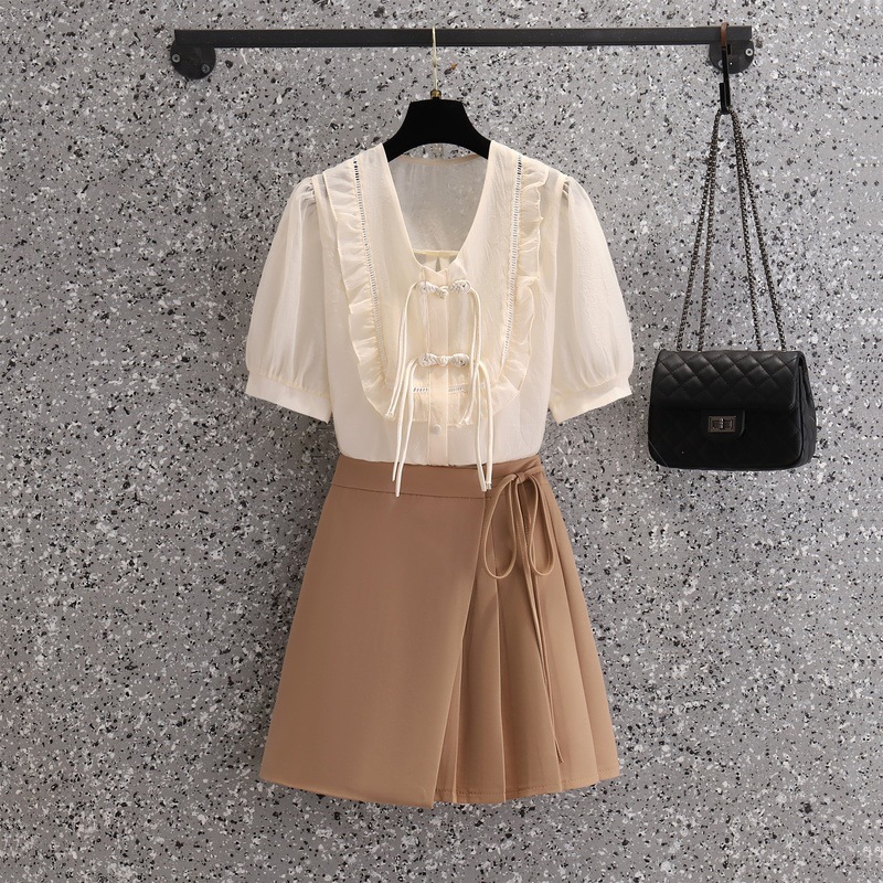 Ladies Irregular High Waist Pleated Skirt Suit