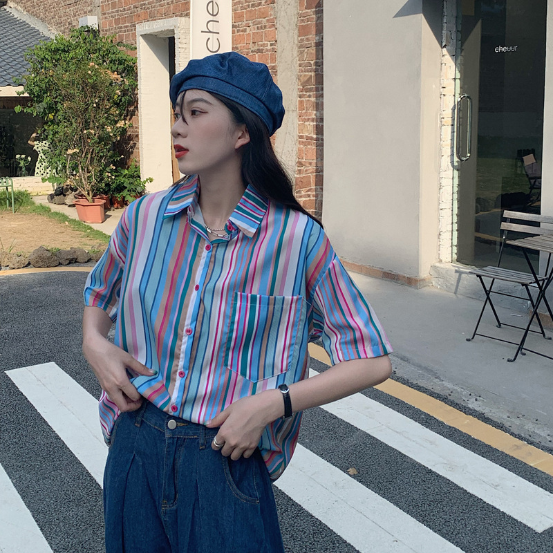 Japanese Short Sleeve Shirt Mid Length Rainbow Stripe