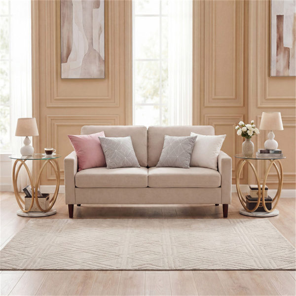 Modern 2-Tier Side Table With Tempered Glass Top & Marble Base, Gold & White Round End Table_voghion.com