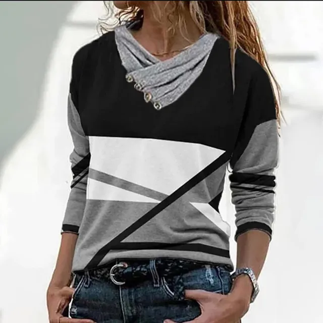 Stripe Positioning Print Button Discount V Neck Pullover Fashion Autumn Winter Top Black - Shop at LoveMi