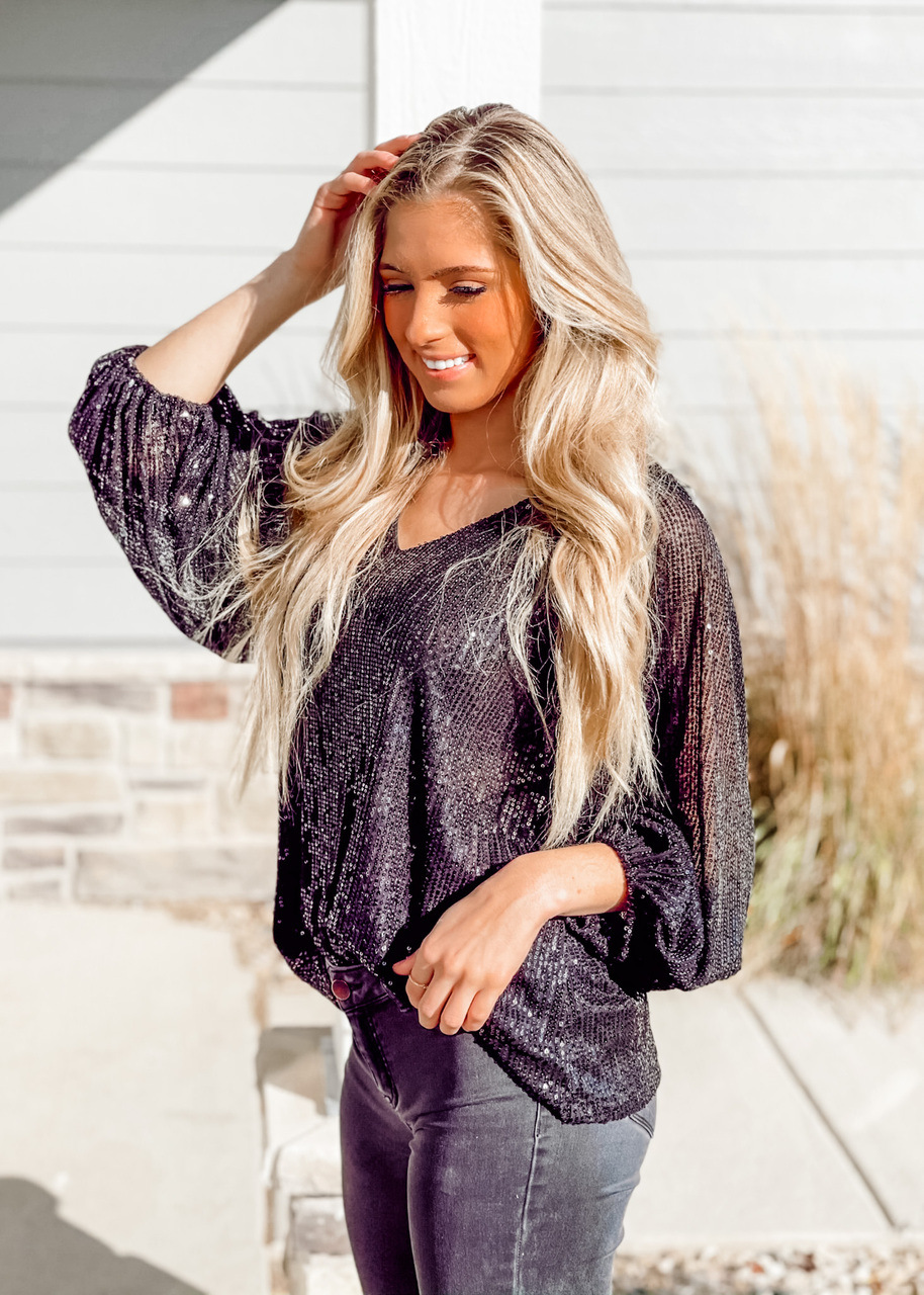 New Women's Sexy See-through Sequined V-neck Lantern Sleeve T-shirt Top