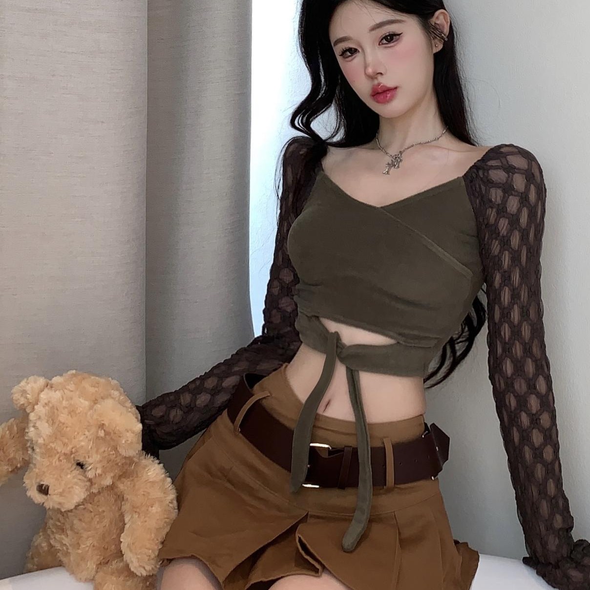 Women's High Waist Short Splicing Knotted Top