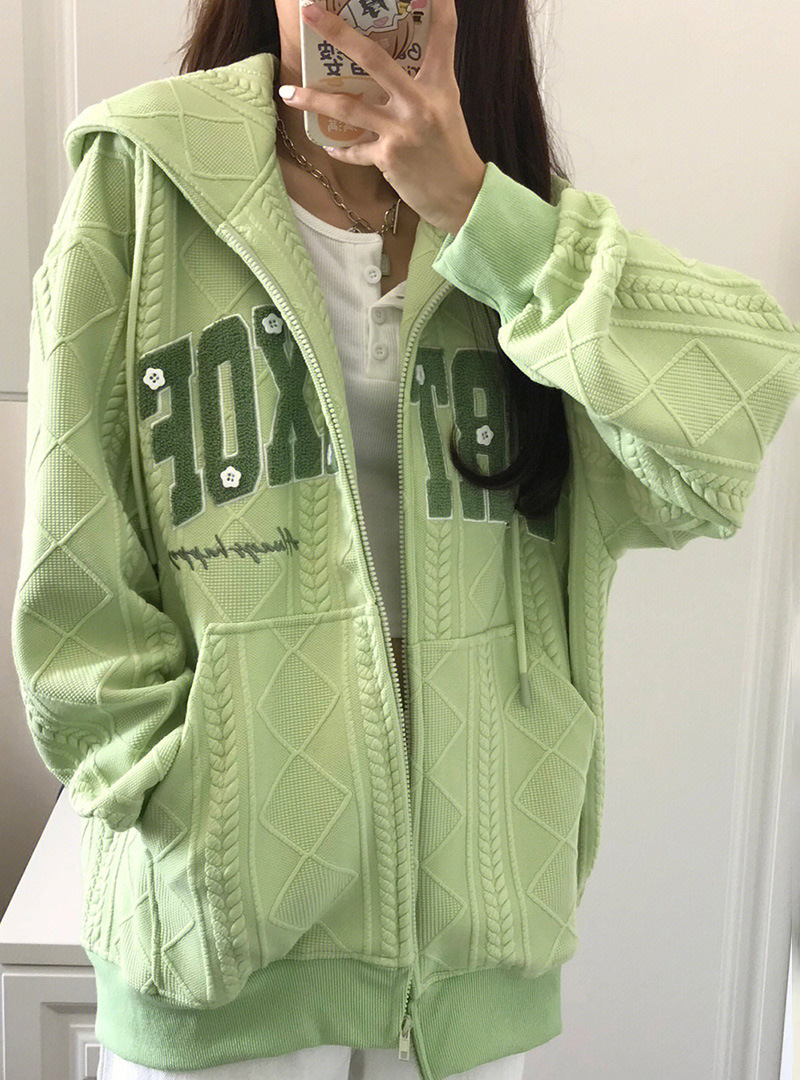 Title 7, Milk Green Art Raw Waffle Hooded Sweater, Loose...