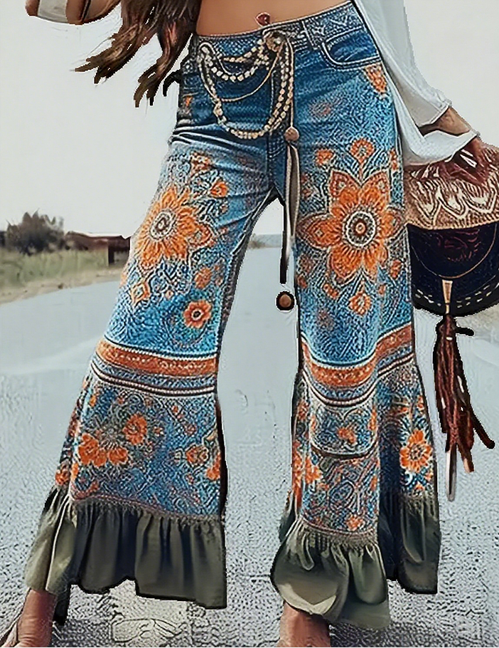 Pantalon évasé Ursime imprimé bohème à ourlet volanté – Color1, XL