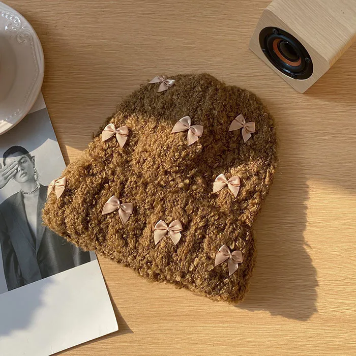 Rabbit Hair Bow Knitted Hat - Brown