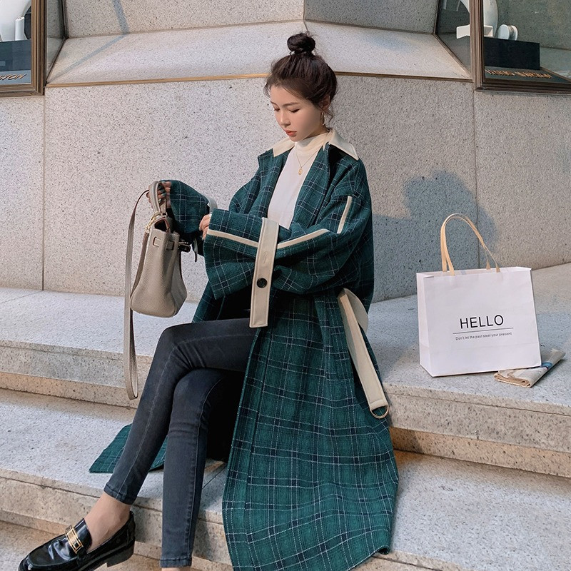 Retro Plaid Woolen Stitching Jacket Women Long