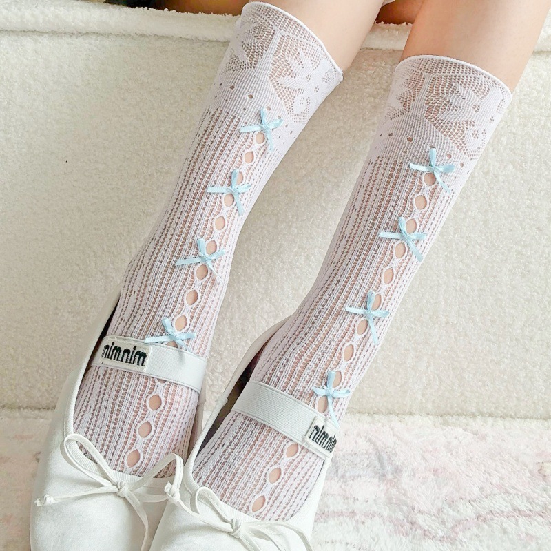 Coquette Sheer Mesh Socks, White Hollow Out Calf Socks With Light Blue Ribbon Bows, Cute Lace Trim Socks For Balletcore & Daily Wear