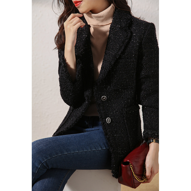 Short Tweed Black Wool Small Fragrant Coat