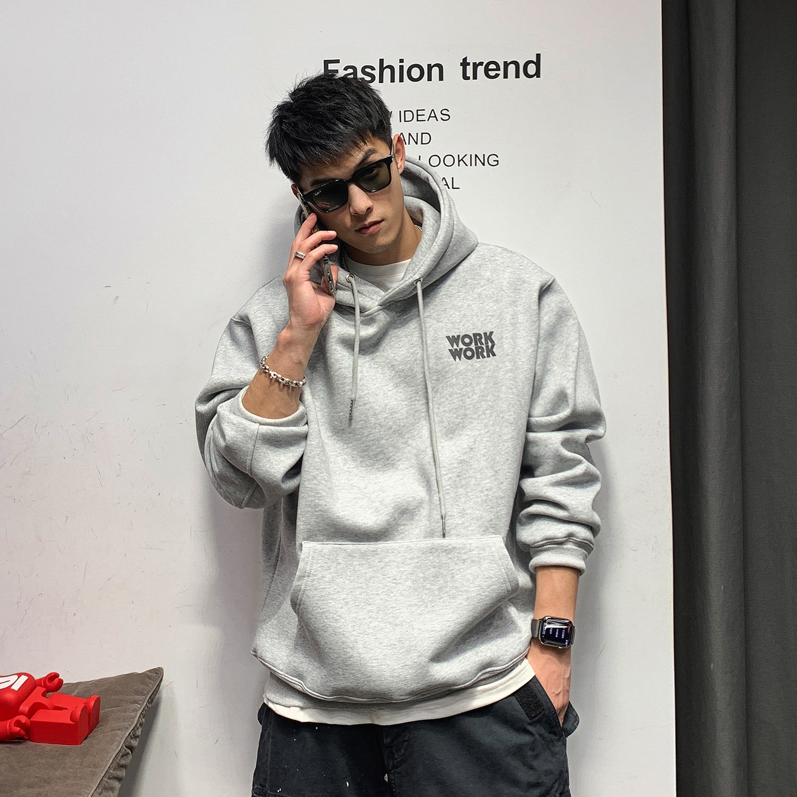 Grey Hooded Printed Sweatshirt Men's Loose Casual Versatile Long Sleeve Top