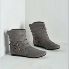 Women's Cotton And Velvet Ankle Boots Padded Shoes Flat Buckle - Grey - View 1