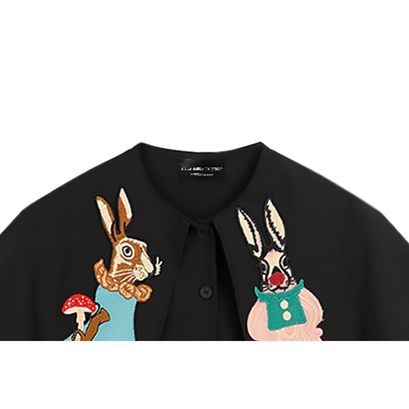 Women's Short Sleeve Top Navy Collar Embroidered Loose Shirt