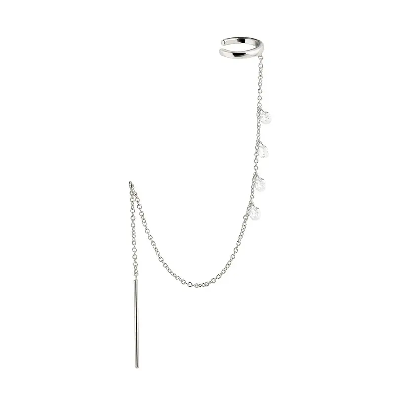 Sterling Silver Studded With Diamond Tassel Chain Earring