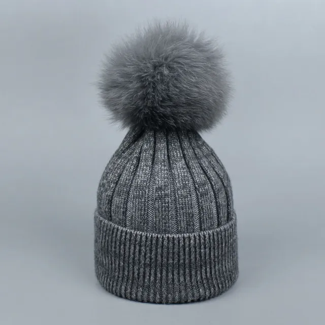 Fox Fur Warm Winter Hat With Ball For Women Child Girl Wool Thick Knitted Dark Grey - Shop at LoveMi