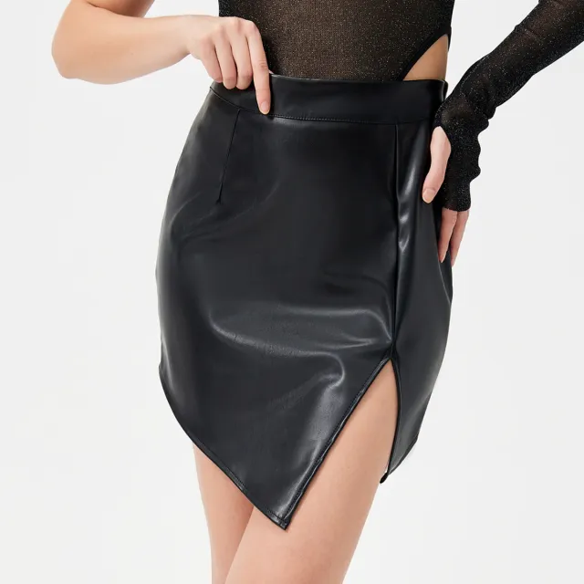 PU High Slit Fashion Spice Girl Mid Waist Skirt Black - Shop at LoveMi