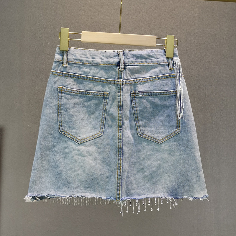 Title 1, Saia A-line de cintura alta jeans com strass, f...