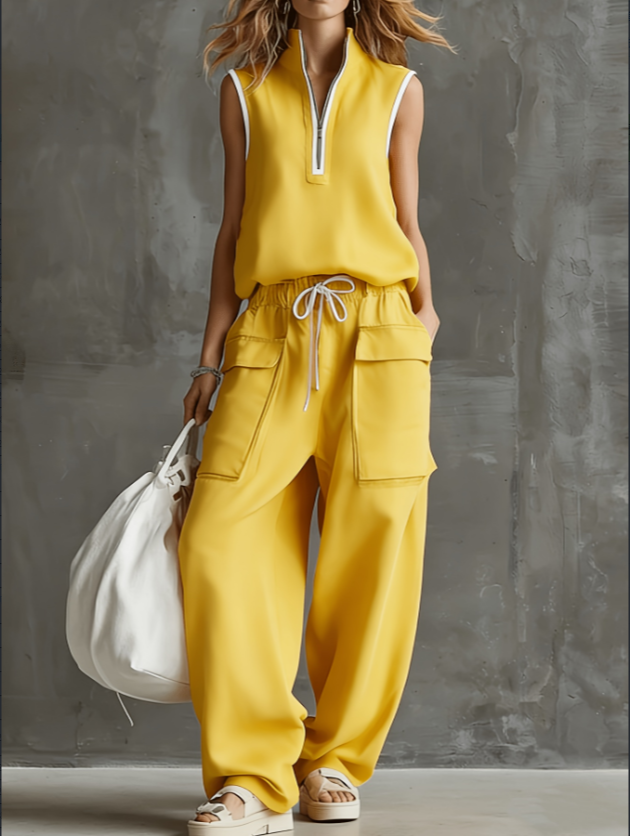 2026 New Spring And Summer Half Zipper Stand Collar Linen Sensing Workwear Two-piece Set