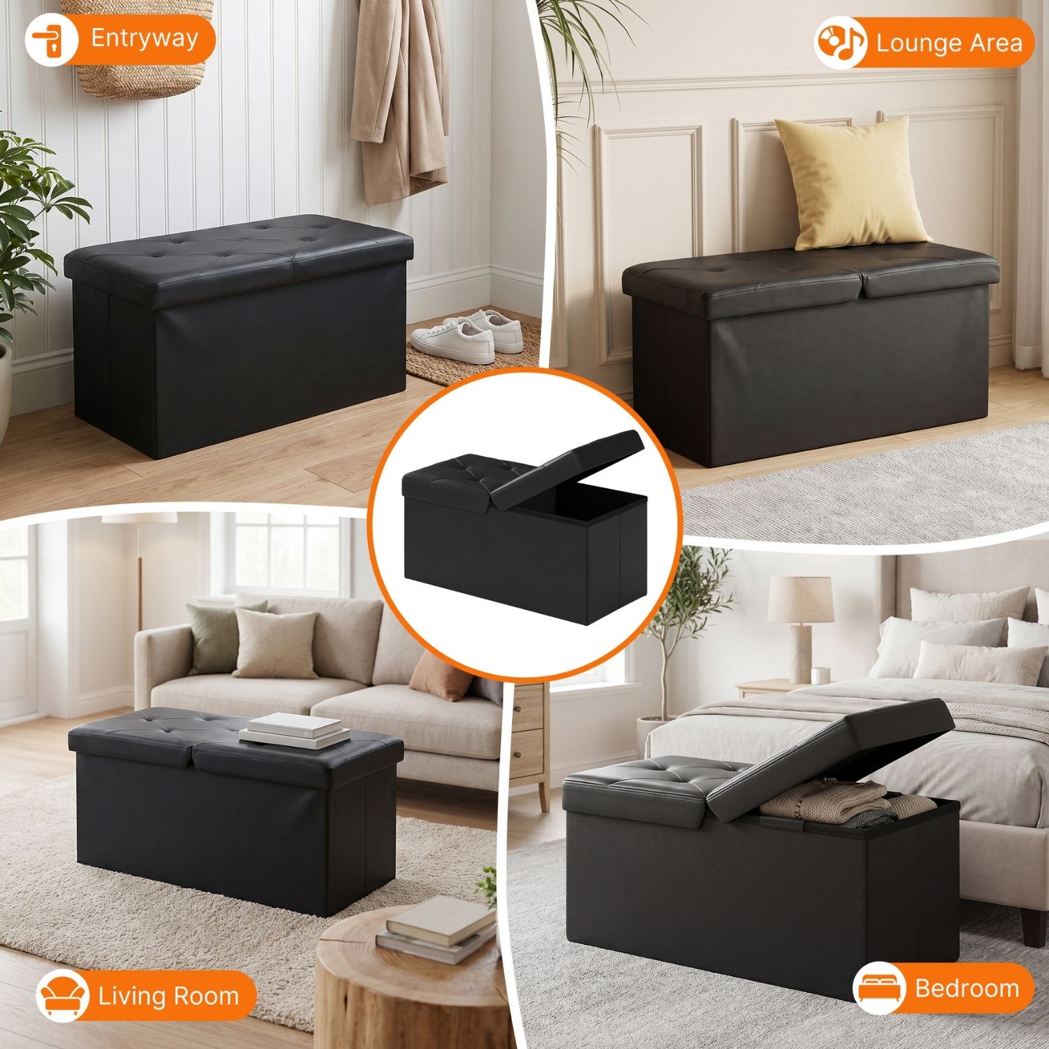 Folding Storage Ottoman, Compact Flip-Top Ottoman With Divider, Padded PVC Seat, Space-Saving Footrest Stool For Bedroom, Entryway, Living Room image 6
