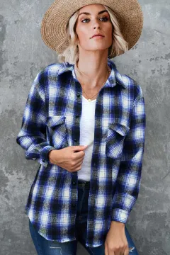 Plaid Shirt Women Spring Mid-length Loose Blouse Turndown Collar Shirt Clothing - Dark Blue - View 1