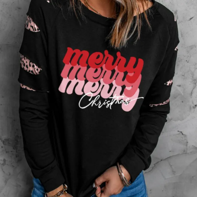 Black Merry Christmas Leopard Print Twill Sleeve Pattern Printed Sweatshirt Long Sleeve Crew Neck Sweater Women 1 Style Black Line - Shop at LoveMi