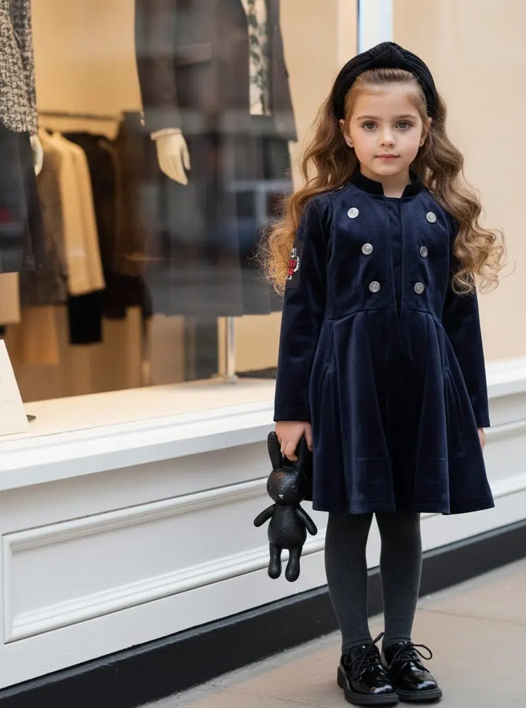 Girls New Vintage Navy Blue Velvet A-Line