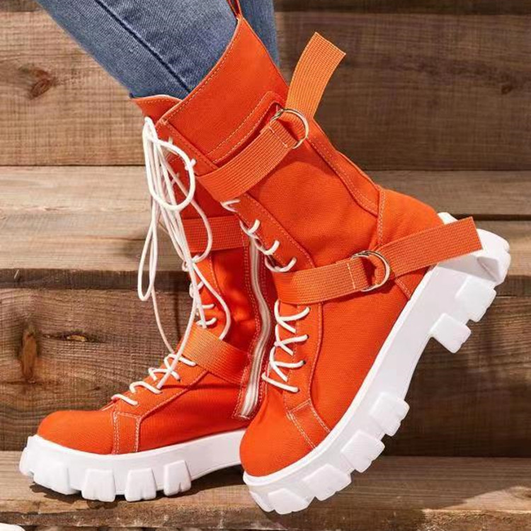 Canvas High-top Solid Color Platform Casual Round Toe Lace-up Motorcycle Boots