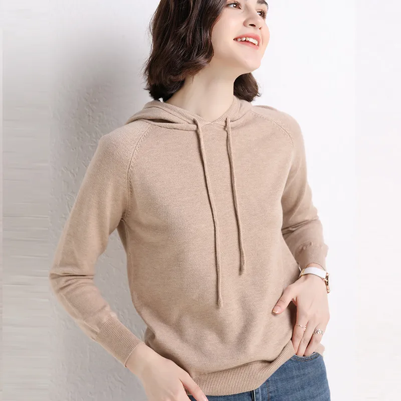 Women's Thin Sweater Hooded Sweater - Camel
